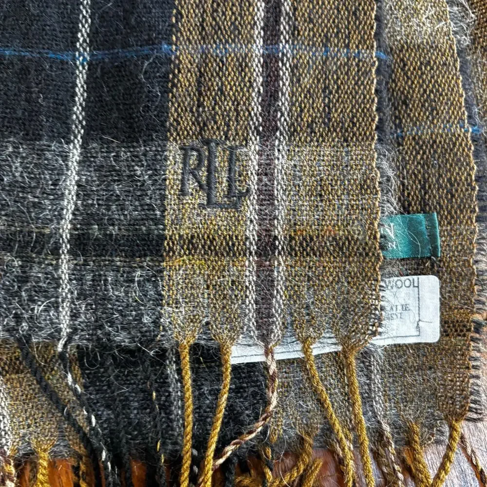Lauren Ralph Lauren unisex scarf Mohair wool blend woven black brown plaid